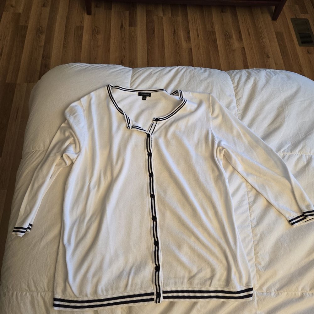 Talbots White Cardigan with Black Trim